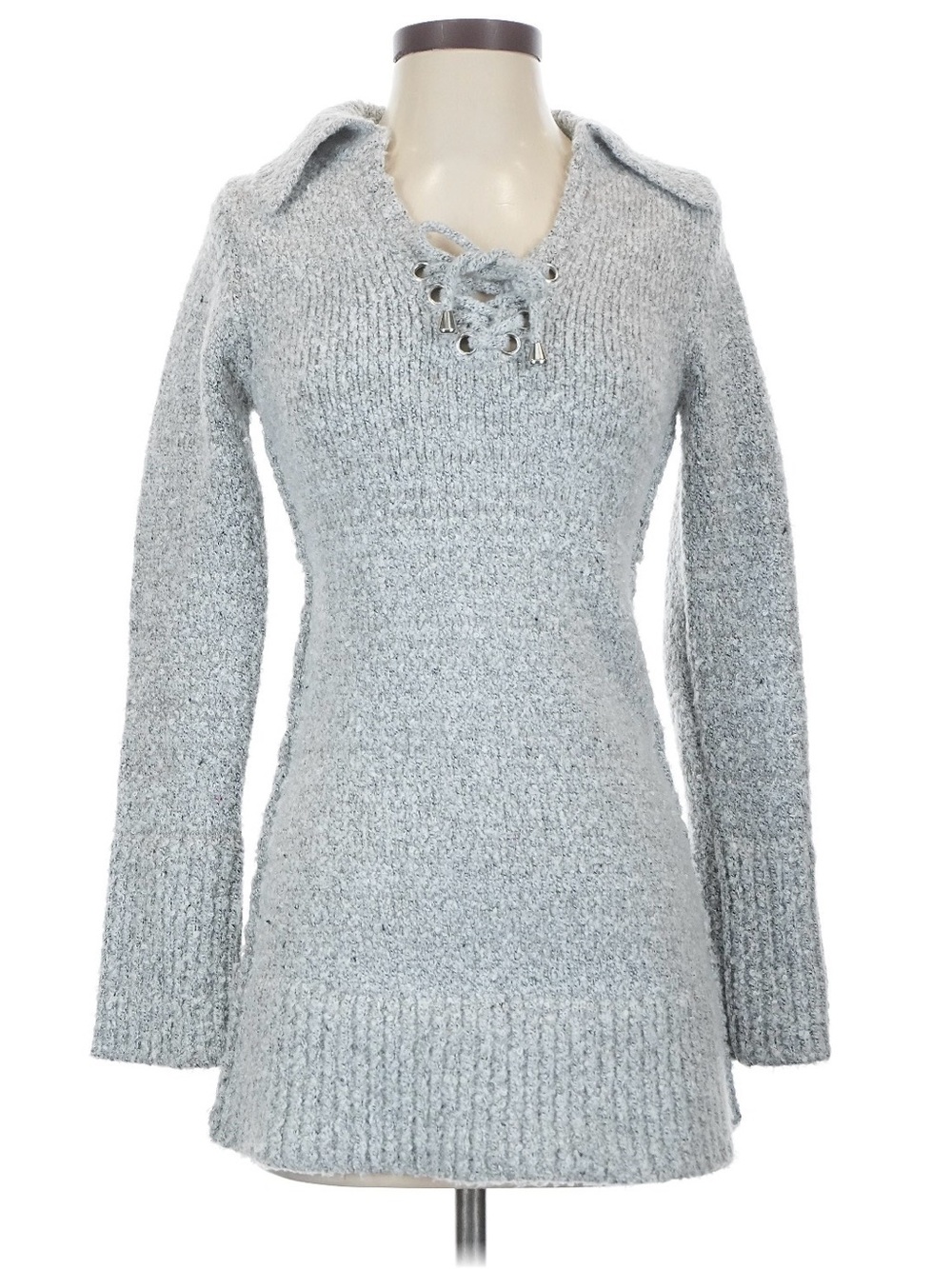 Free People Light Gray Lace-Up Collar Women’s Sweater